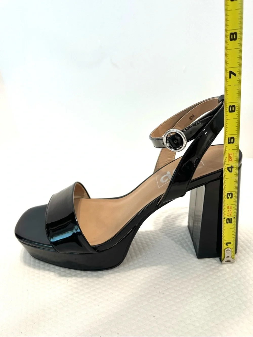 POP Black Patent Platform Block Heel Sandals with Wrap Ankle Strap Grad Party